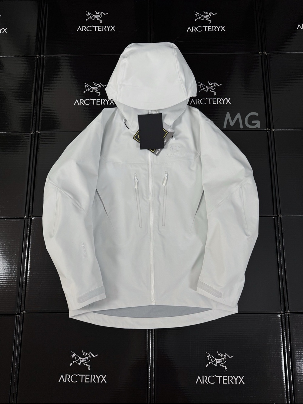 Arc'teryx Men's Light Gray Waterproof Hooded Rain Jacket